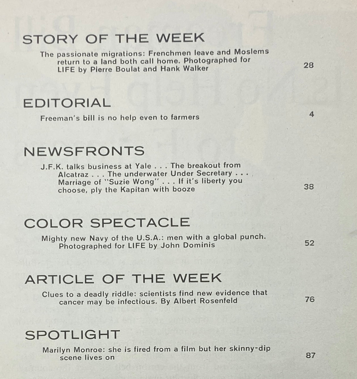 Inside page of the June 22, 1962 issue of LIFE Magazine, including the Story of the Week and editorial highlights. Features titles like 'J.F.K. talks business at Yale' and 'Marilyn Monroe: fired from a film but her skinny-dip scene lives on'.