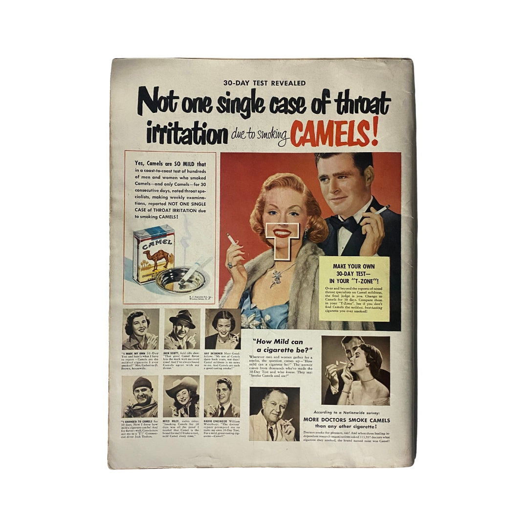Vintage advertisement for Camel cigarettes, promoting their mildness and stating no cases of throat irritation due to smoking. Features a striking image of a glamorous woman alongside a dapper man.