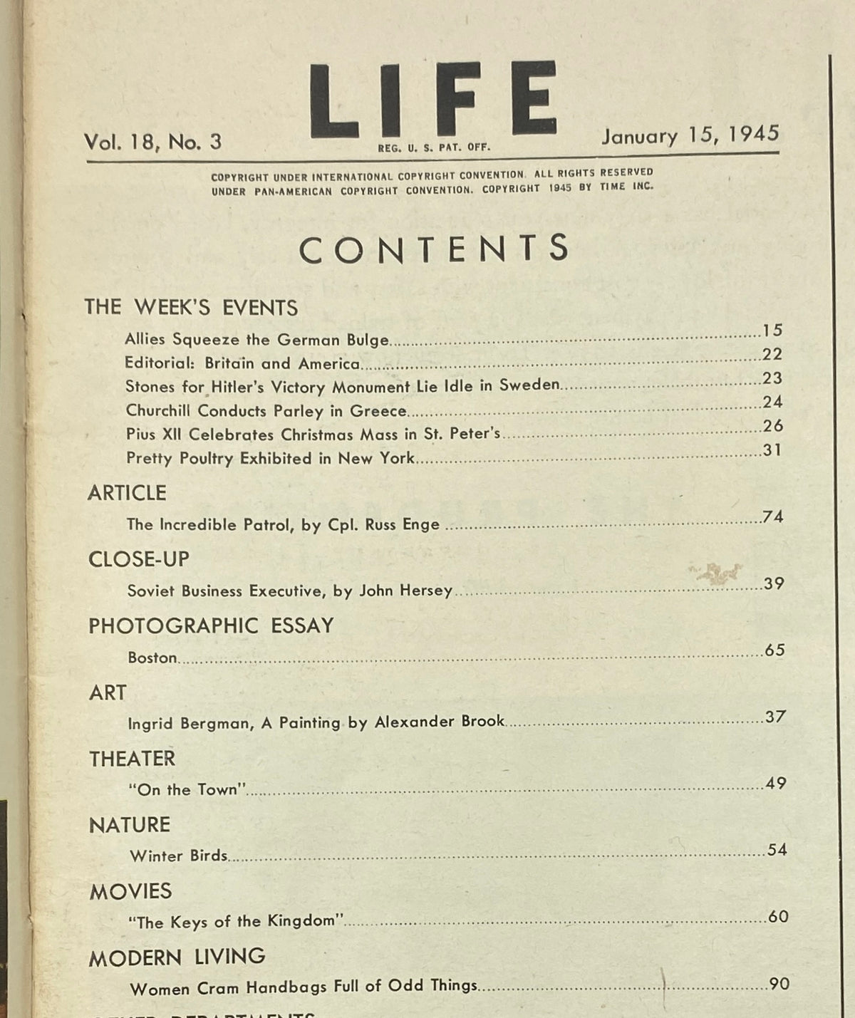 Contents page of VTG Life Magazine January 15, 1945 listing articles and events including 'Allies Squeeze the German Bulge' and 'The Incredible Patrol'.