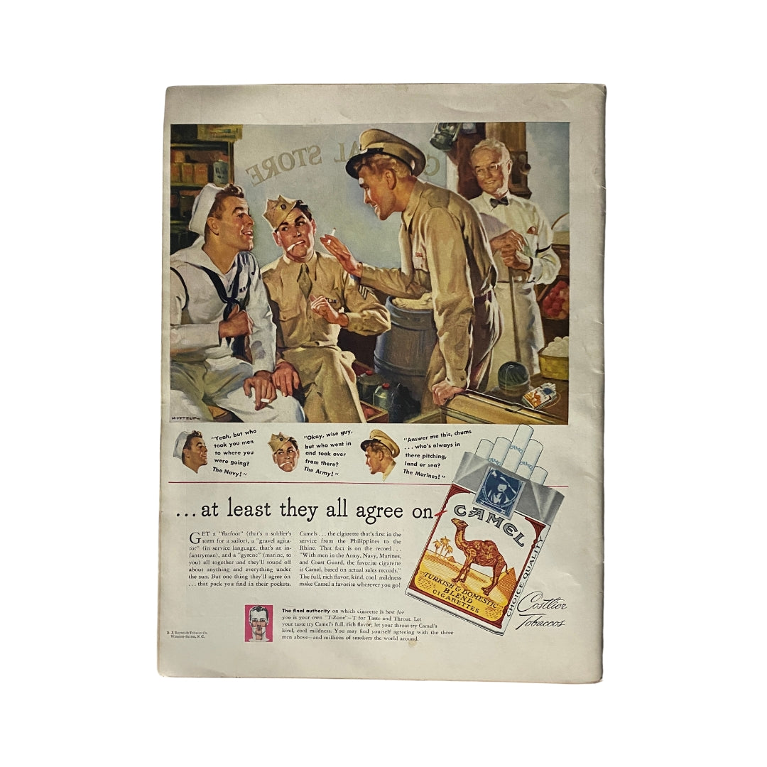 Back cover of VTG Life Magazine January 15, 1945 featuring a humorous advertisement for Camel cigarettes with sailors and soldiers discussing their experiences.