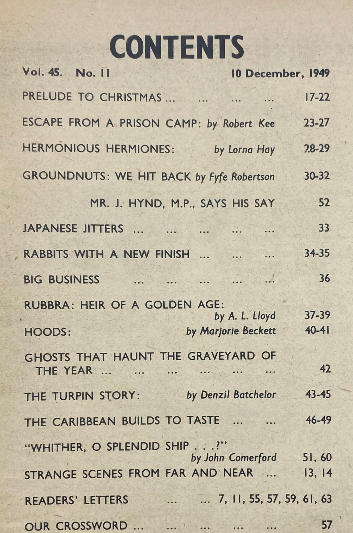 Table of contents page from VTG Picture Post Magazine December 10, 1949, listing featured articles and topics.