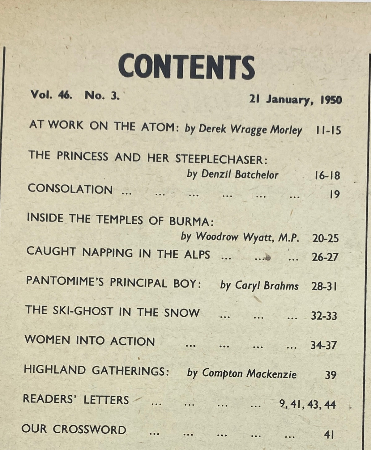 Contents page of the VTG Picture Post Magazine, January 21, 1950, showcasing featured articles including 'At Work on the Atom' and 'Inside the Temples of Burma'.