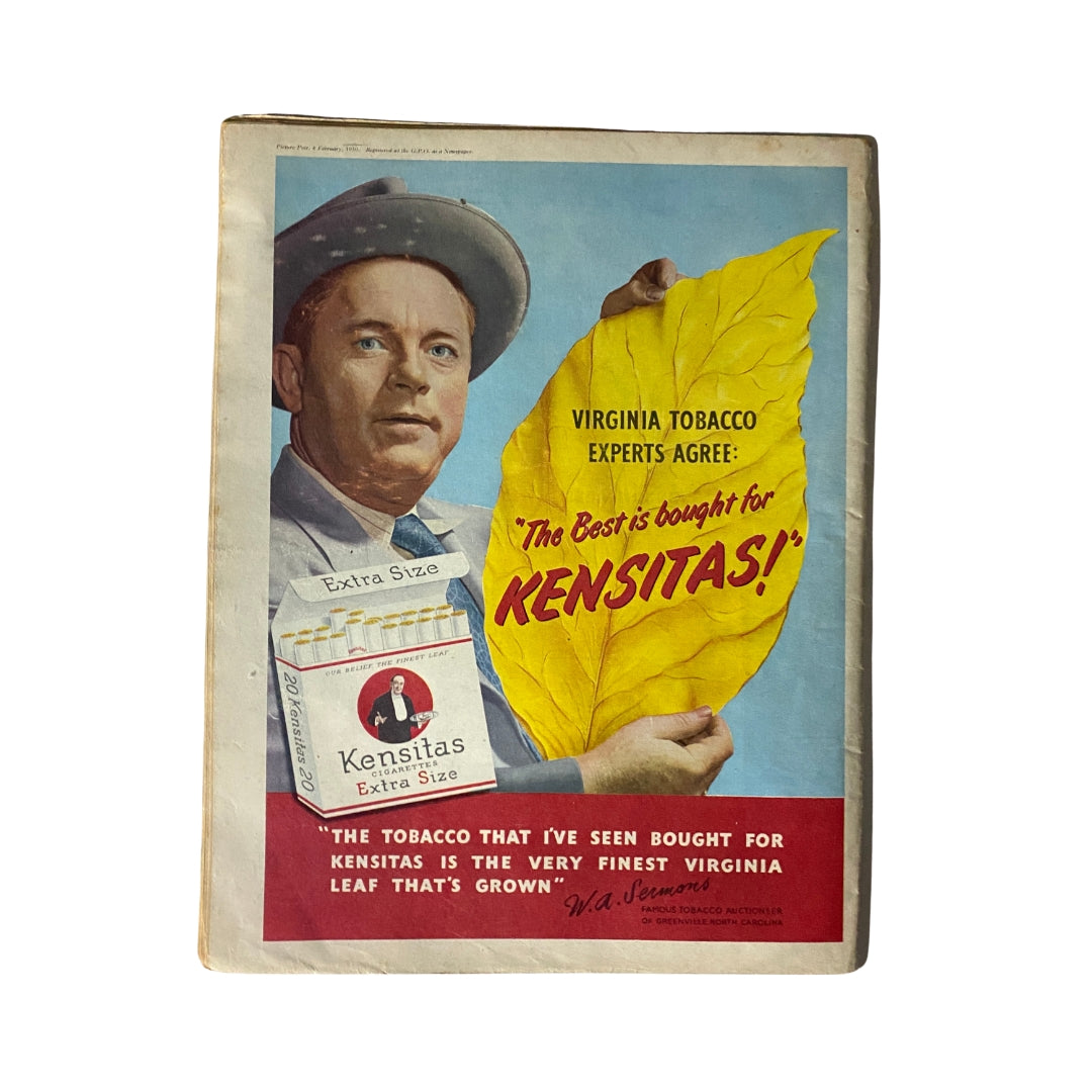 Back cover of the VTG Picture Post Magazine February 4, 1950 featuring an advertisement for Kensitas cigarettes with a man holding a large tobacco leaf.