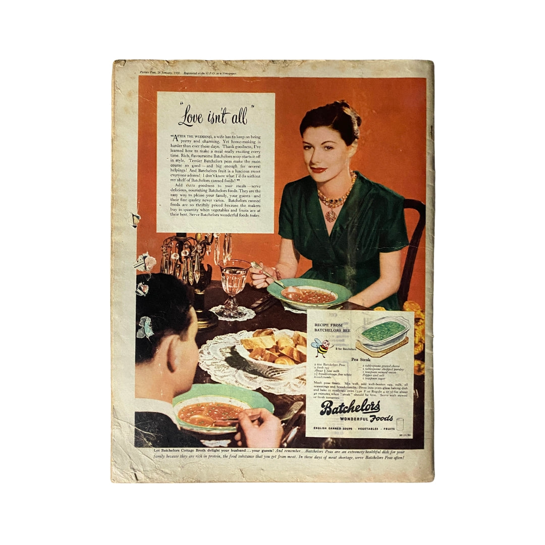 Back cover of the Vintage Picture Post Magazine from January 28, 1950 showcasing an advertisement for Batchelors Foods with a dining scene.