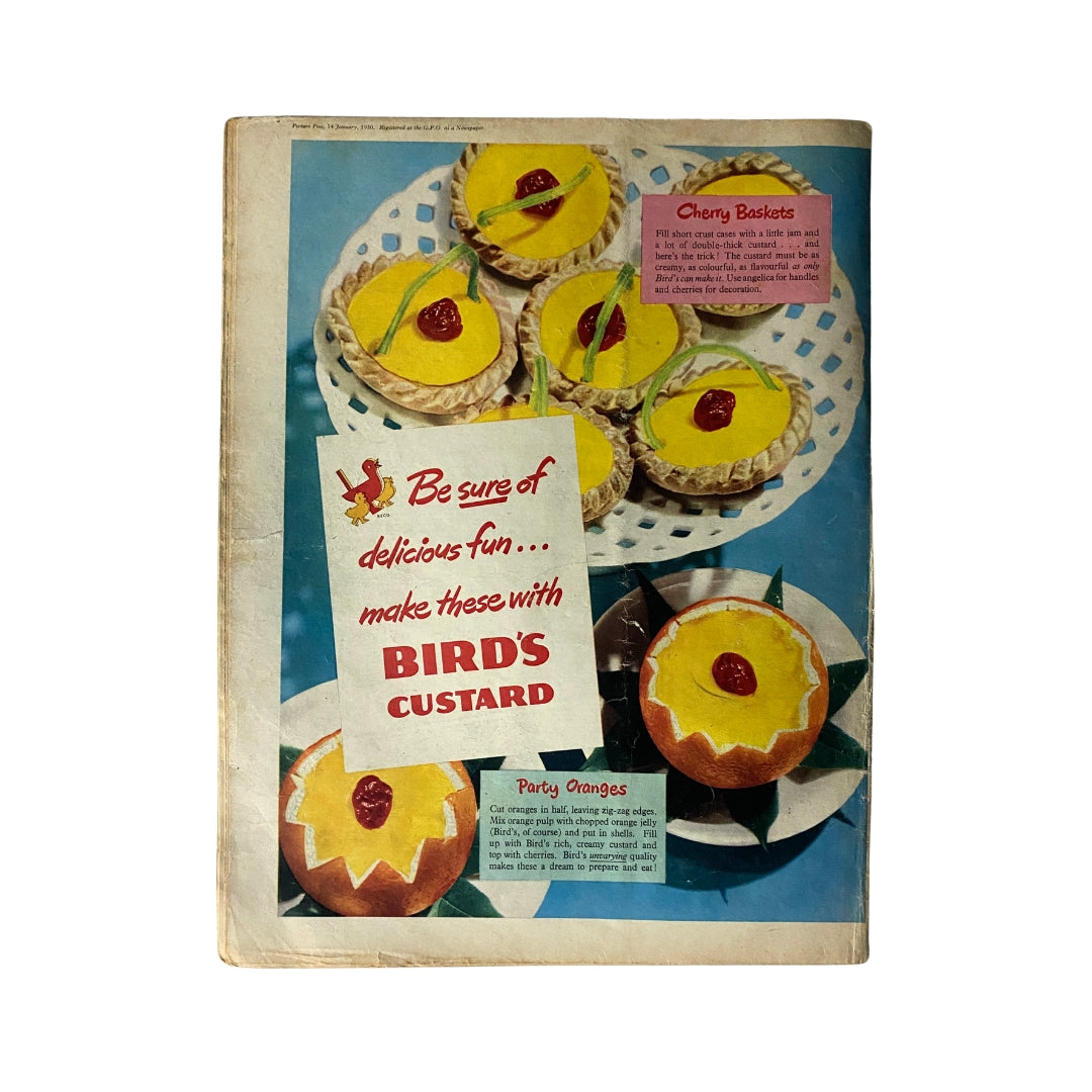 Vintage Picture Post Magazine January 14, 1950, featuring a colorful advertisement for Bird's Custard, showcasing delicious dessert recipes like cherry baskets and party oranges.
