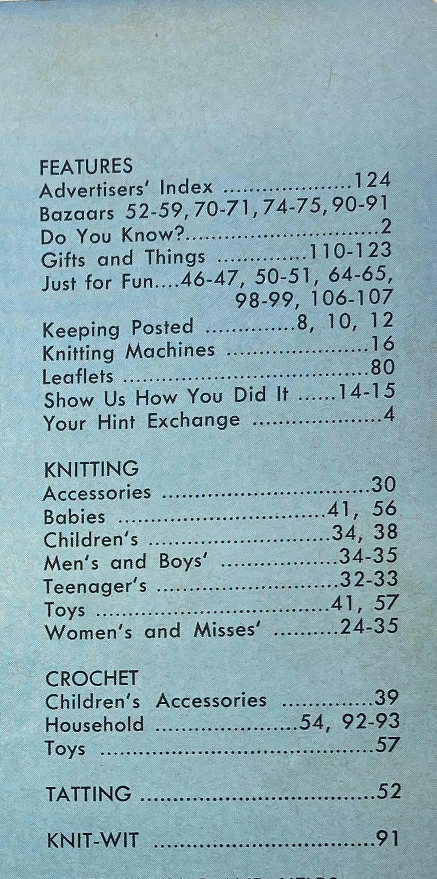 Interior page of vintage McCall's Needlework & Crafts Spring-Summer 1960 magazine displaying an Advertisers' Index and section features related to knitting and crochet.