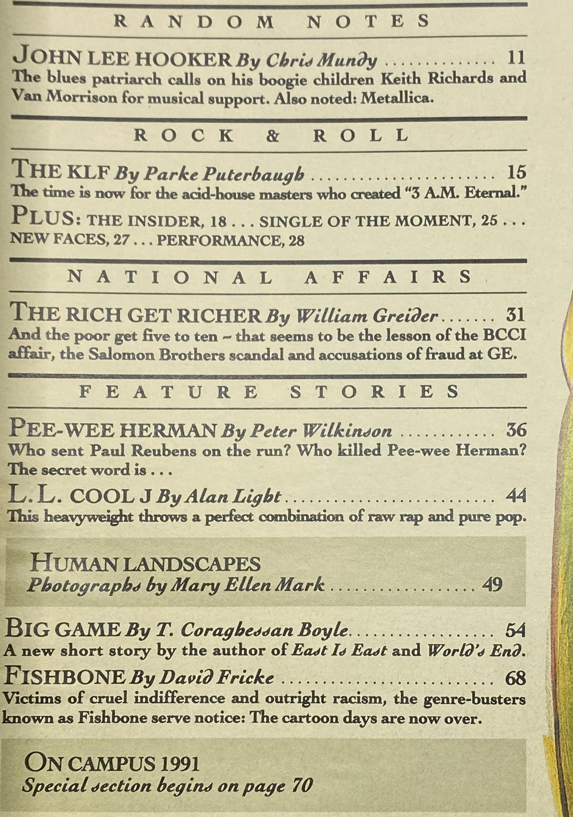 Interior page of Rolling Stone Magazine October 3, 1991 Issue 614 featuring articles on John Lee Hooker, The KLF, national affairs, and a feature story on Pee-wee Herman.