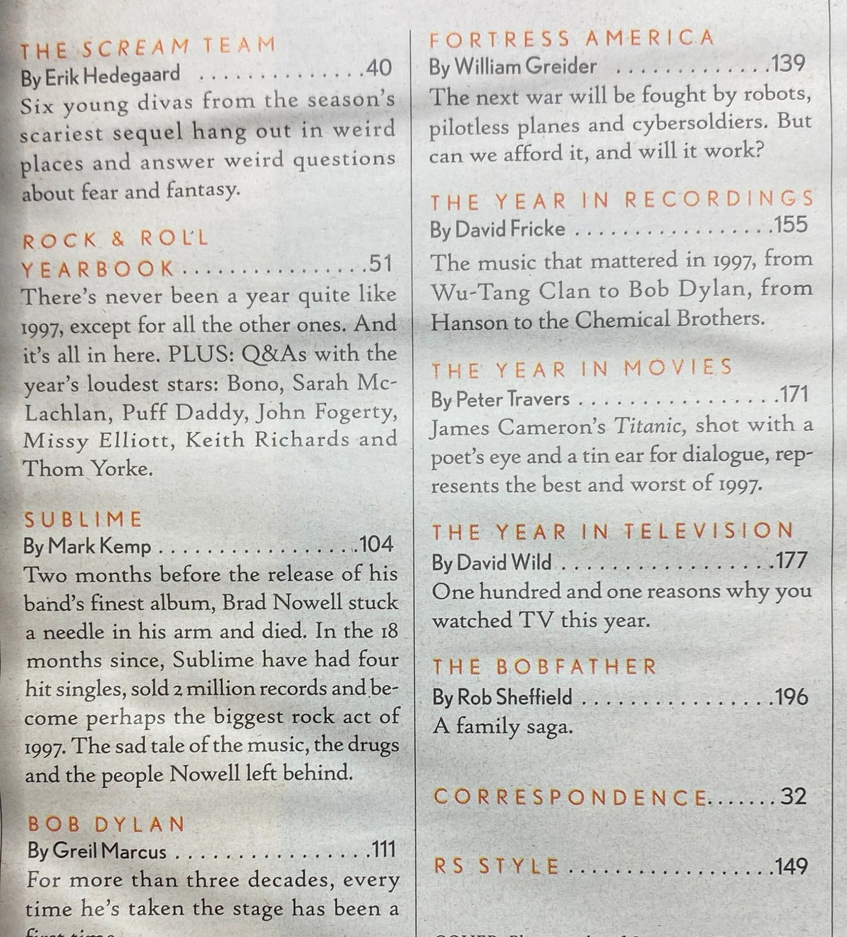 Table of contents of Rolling Stone Magazine December 25, 1997, Issue 776/777, listing articles including 'The Scream Team', 'Rock & Roll Yearbook', and features on music, movies, and television of 1997.