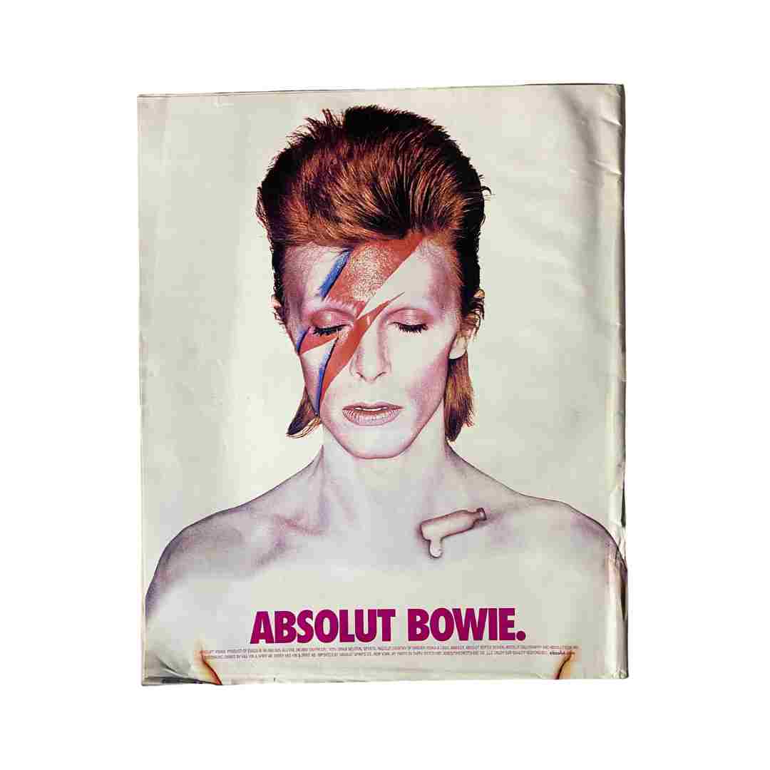 Advertisement page from Rolling Stone Magazine September 27, 2001 Issue 878 featuring David Bowie with a creative campaign titled 'ABSOLUT BOWIE'.