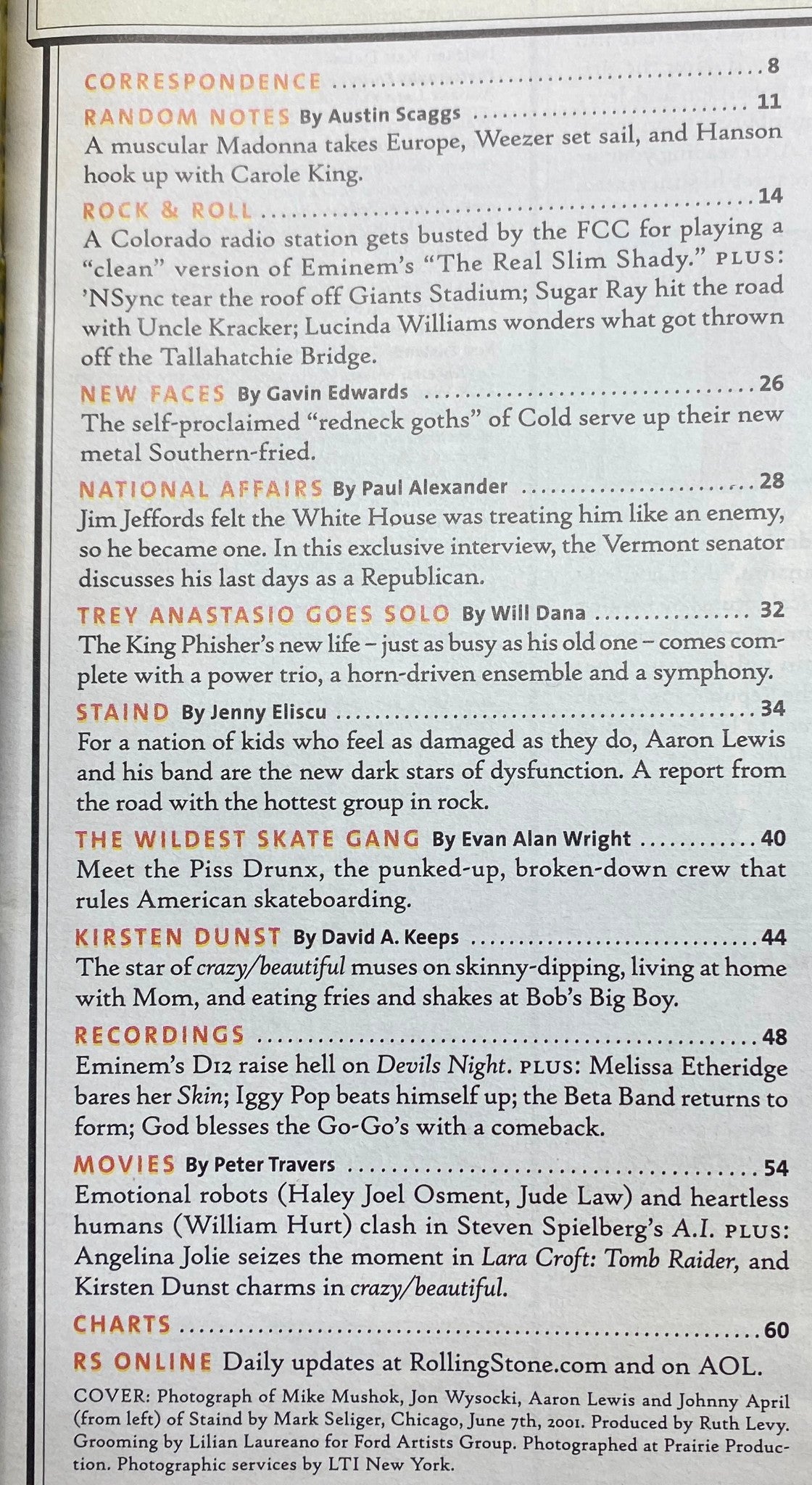 Interior page of Rolling Stone Magazine July 19, 2001 Issue 873, featuring articles on rock music, including correspondence, new faces in the industry, and a recap of notable music events.