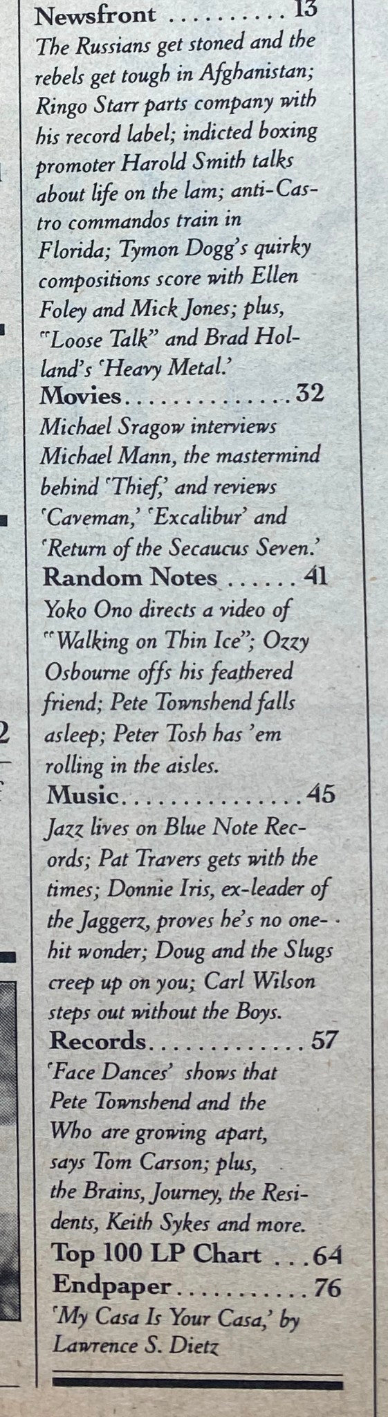 Inside content page of Rolling Stone Magazine May 4, 1981 Issue 343 highlighting article topics including Ringo Starr, Ozzy Osbourne, and jazz developments.
