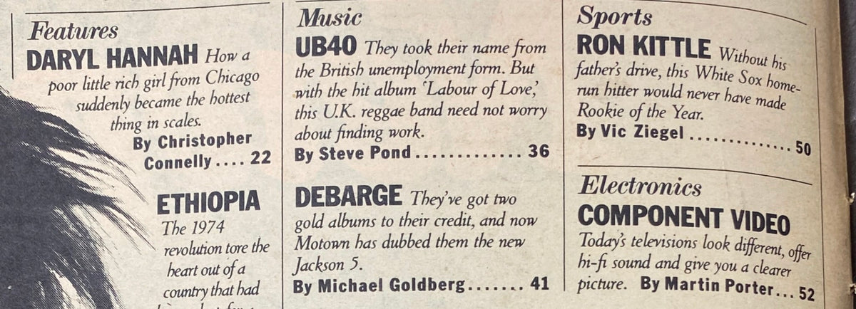 Inside page of the VTG Rolling Stone Magazine April 26, 1984 Issue 420 showcasing features, including an article about Daryl Hannah by Christopher Connelly and music highlights of UB40 and DeBarge. This page reflects the culture and influences of the era.