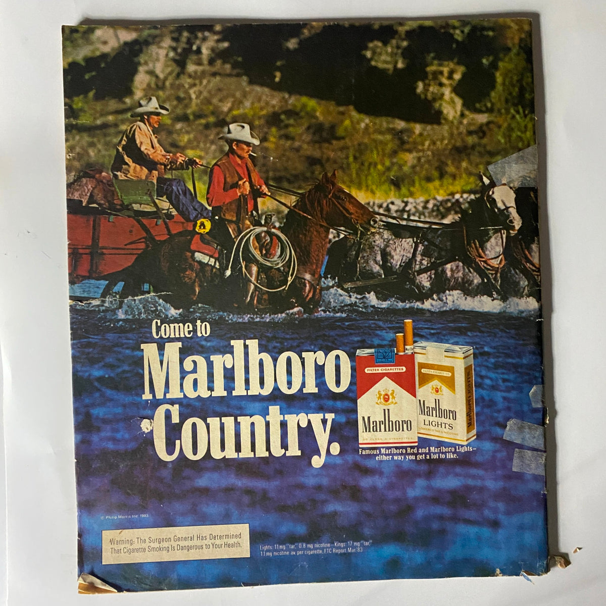 Back cover of the VTG Rolling Stone Magazine April 26, 1984 Issue 420 featuring a Marlboro cigarette advertisement with cowboys on horseback, inviting readers to 'Come to Marlboro Country.' This nostalgic advertisement portrays the advertising style of the 1980s.