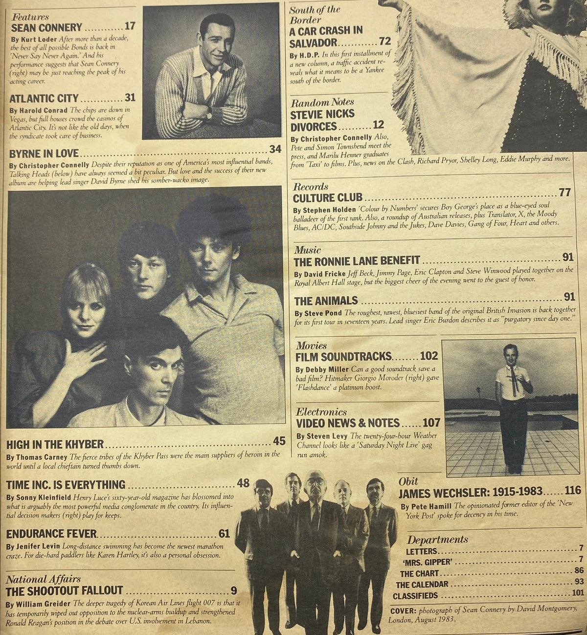 Interior page of the VTG Rolling Stone Magazine October 27, 1983 Issue 407, listing features including an article on Sean Connery and highlights from popular culture in the 80s.