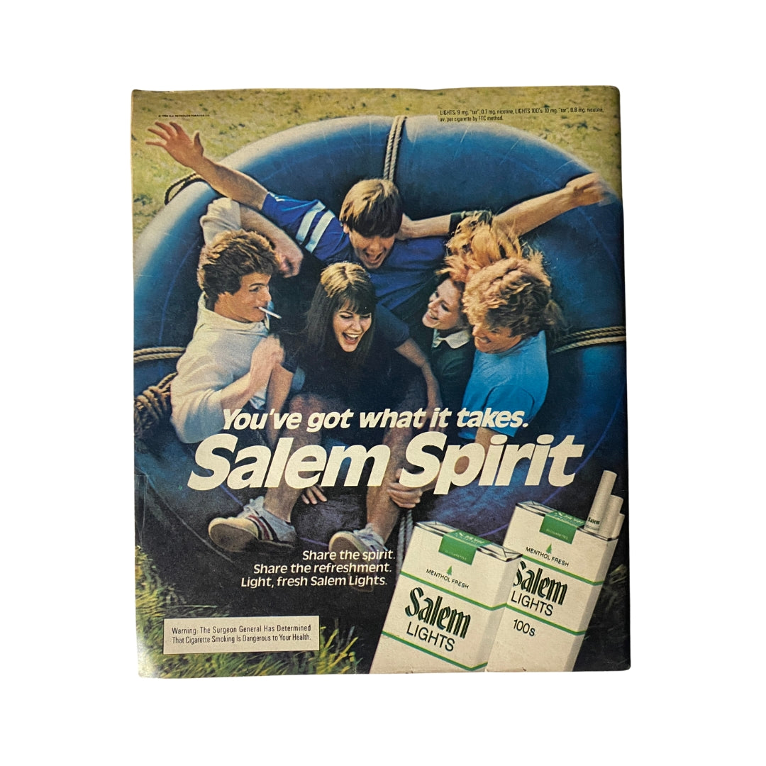 Back cover of the Vintage Rolling Stone Magazine July 22, 1982, featuring an advertisement for Salem Lights cigarettes with a group of young adults enjoying a joyful moment, reflecting the social atmosphere of the time.