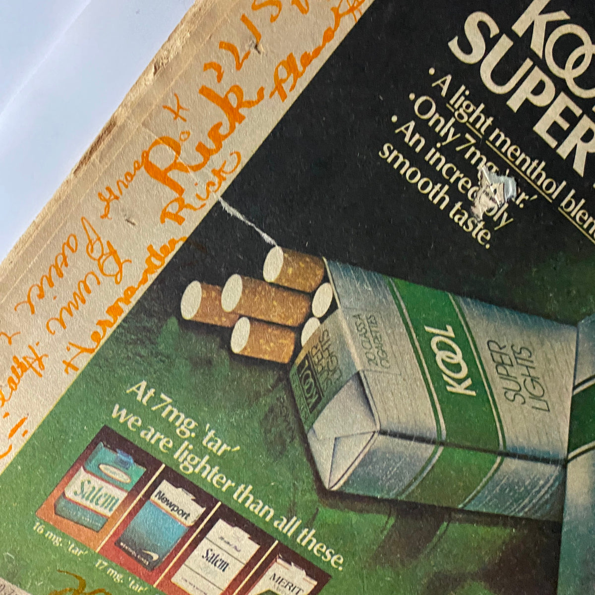 Close-up of Kool Super Lights advertisement, highlighting features and health warnings from VTG Rolling Stone Magazine May 29, 1980, Issue 318.