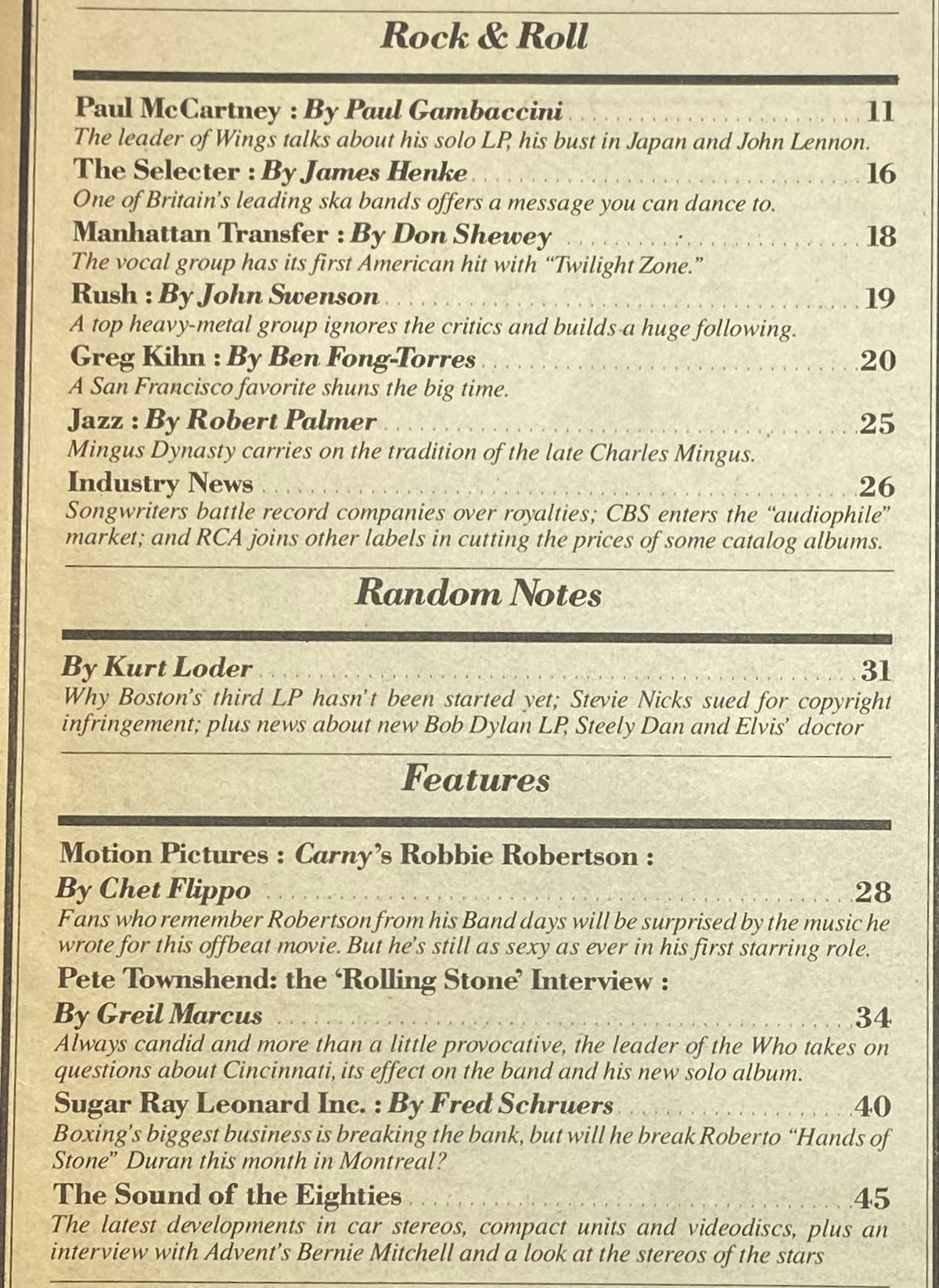 Interior page of Rolling Stone Magazine June 26, 1980 #320, showcasing the table of contents with featured articles on rock artists including Pete Townshend and Paul McCartney.