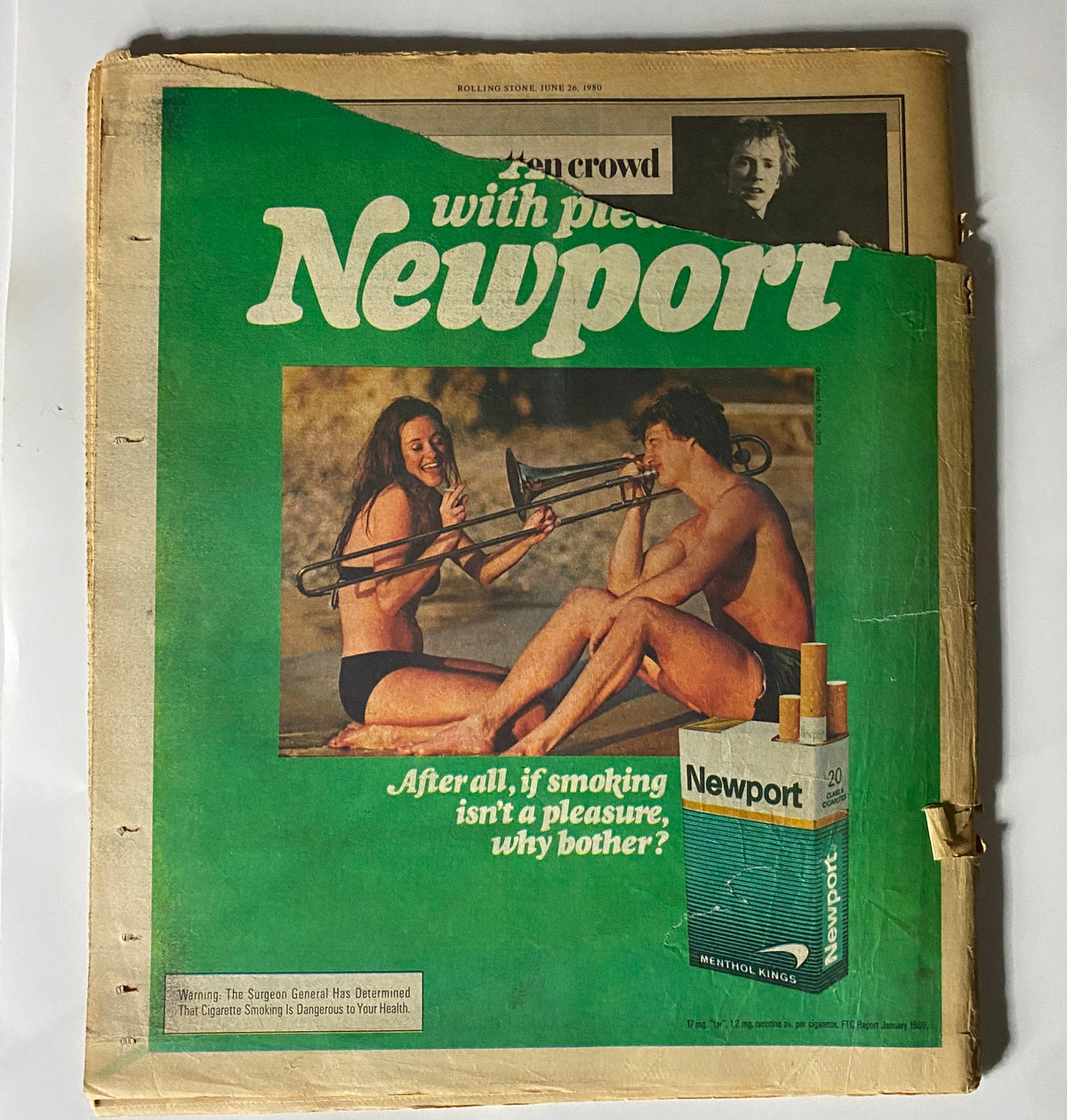 Vintage Rolling Stone Magazine June 26, 1980 featuring a colorful ad for Newport cigarettes, showcasing a couple enjoying the beach while promoting the product with the tagline 'After all, if smoking isn’t a pleasure, why bother?'
