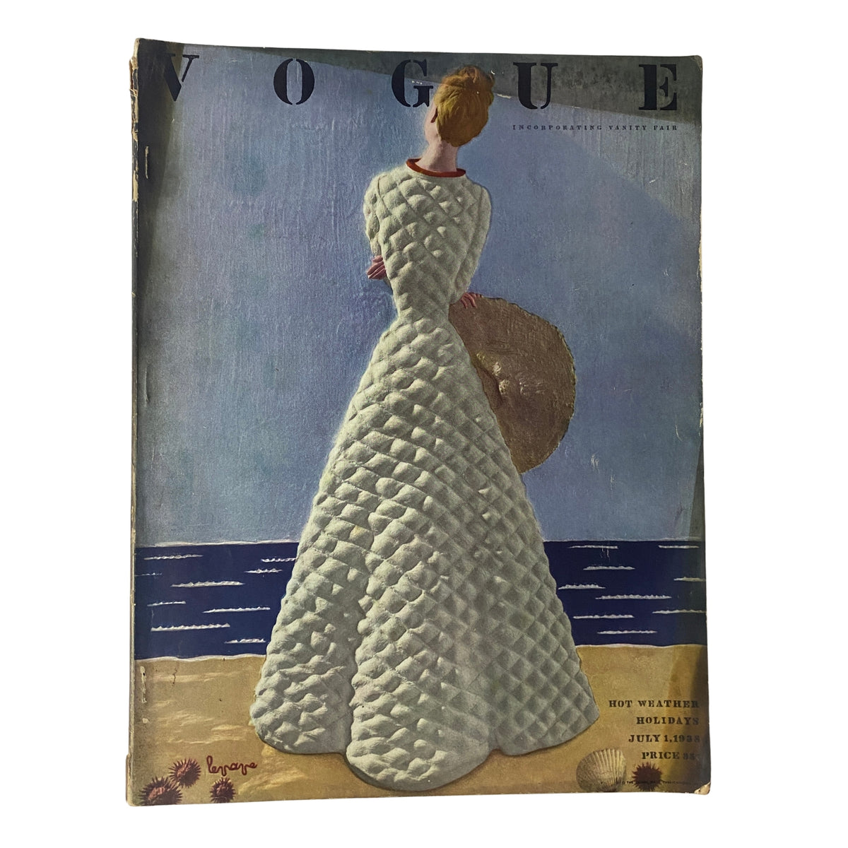 Cover of Vogue Magazine dated July 1, 1938, featuring the artistic illustration 'Hot Weather Holidays' by Georges Lepape, showcasing a woman in a quilted dress with an umbrella near the ocean.