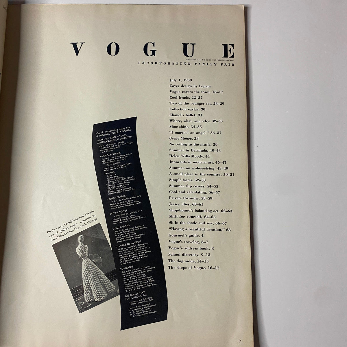 Vogue Magazine July 1, 1938 featuring the Table of Contents with cover design by Georges Lepape, showcasing articles and features on fashion, style, and cultural insights.