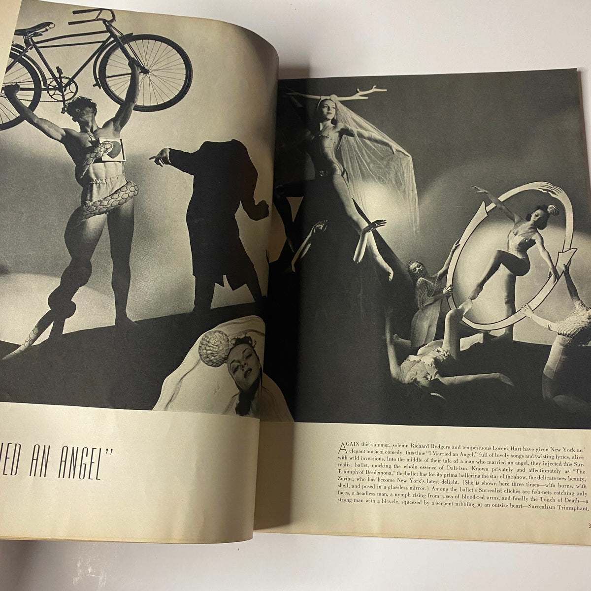 Vogue Magazine July 1, 1938 illustration of the article 'I Married an Angel,' featuring artistic models and dynamic poses with a bicycle, capturing the avant-garde spirit of the era.