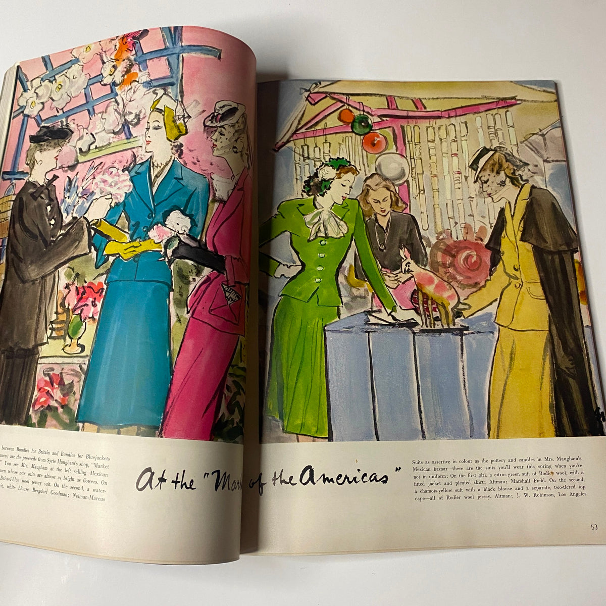 Vogue Magazine February 1, 1942 Life in Wartime Women in the Morale Corps - a vibrant illustration depicting women in fashionable dress at a commerce exhibition, reflecting wartime societal changes.