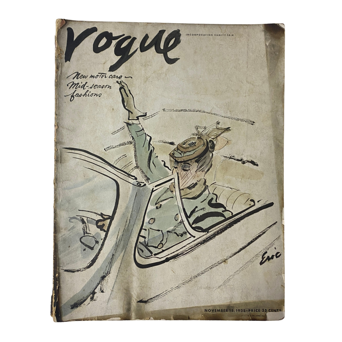 Cover of Vogue Magazine from November 15, 1938, featuring an illustration of a fashionable figure in a car, promoting new motor cars and mid-season fashions. Artwork by Eric (Carl Erickson), capturing the elegance and optimism of late-1930s style.