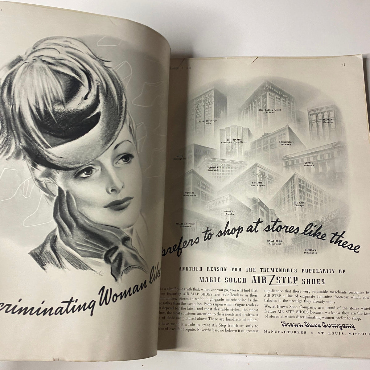 Vogue Magazine November 15, 1938 page displaying a vintage advertisement for shoes, featuring a woman's portrait and artistic graphics embodying 1930s fashion trends.