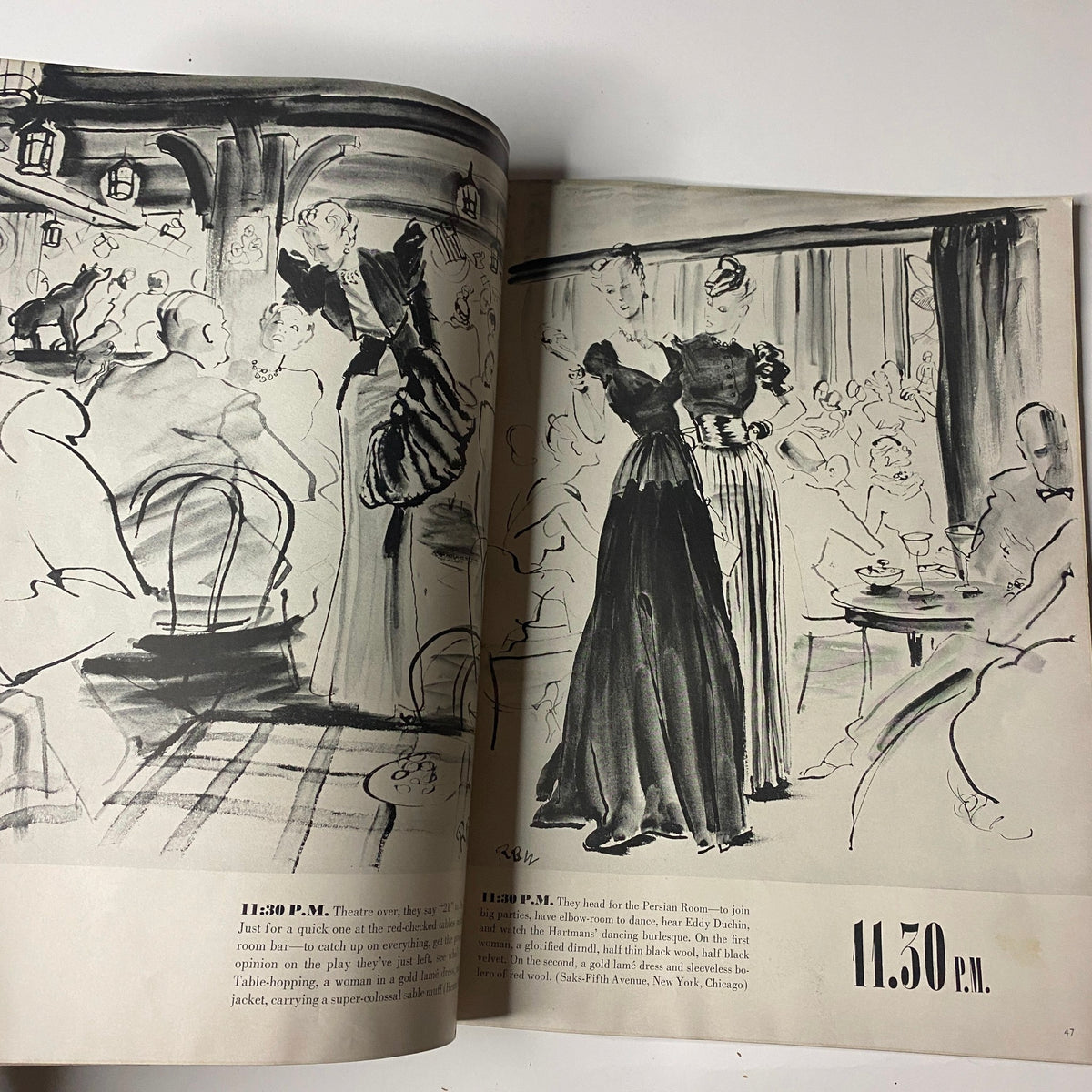 Vogue Magazine November 15, 1938 page featuring dramatic illustrations of women in a restaurant setting, reflecting the elegance and societal trends of late 1930s America.
