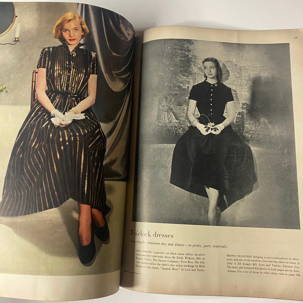 Vogue Magazine August 15, 1947 Joan Petit by Frances McLaughlin-Gill showcasing two models in stylish dresses, illustrating postwar fashion trends, with a focus on elegance and sophistication.