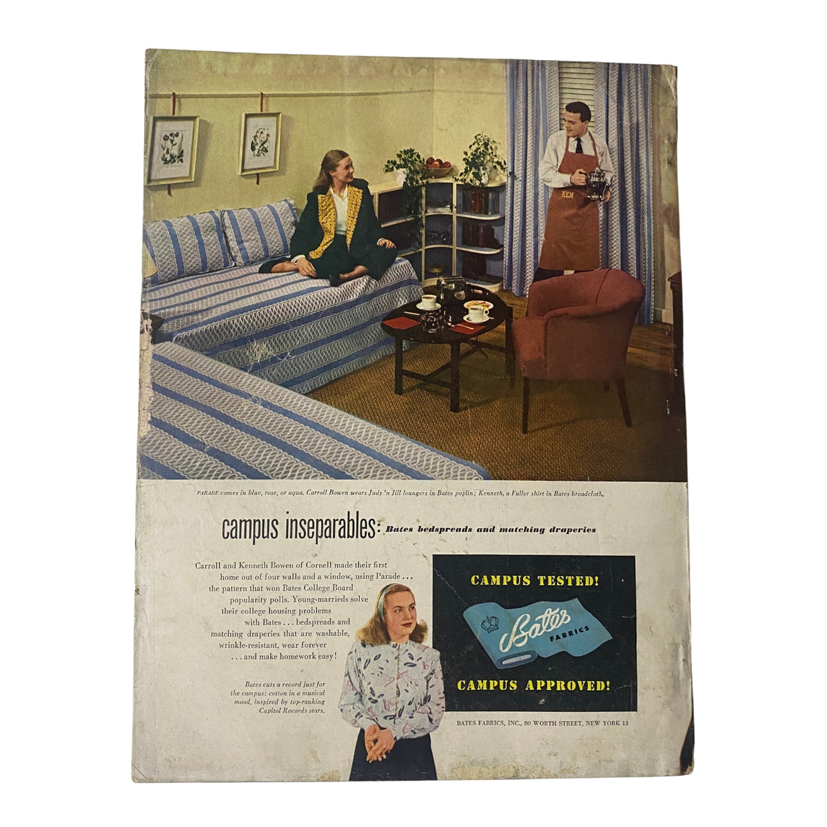 Vogue Magazine August 15, 1947 Joan Petit by Frances McLaughlin-Gill featuring the back cover with a vibrant advertisement for campus inseparables, reflecting 1940s interior styles and fashion trends.