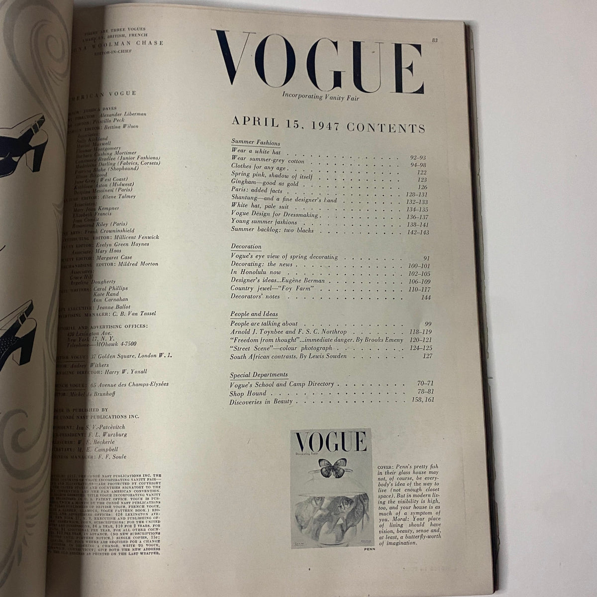Inside page of Vogue Magazine April 15, 1947 Decorating Issue displaying the table of contents, emphasizing its historic significance.