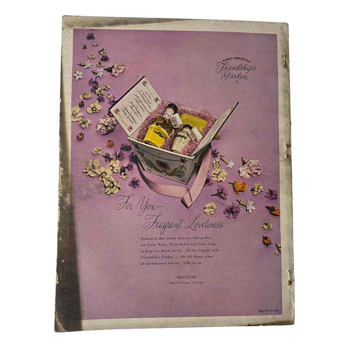 Back cover of the Vogue Magazine April 15, 1947 Decorating Issue Cover by Irving Penn featuring an advertisement for a floral gift box, showcasing mid-century design aesthetics.