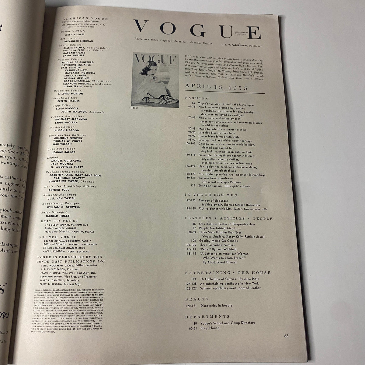 Table of contents from Vogue Magazine April 15, 1955 featuring features, articles, and departments including fashion, beauty, and entertainment.
