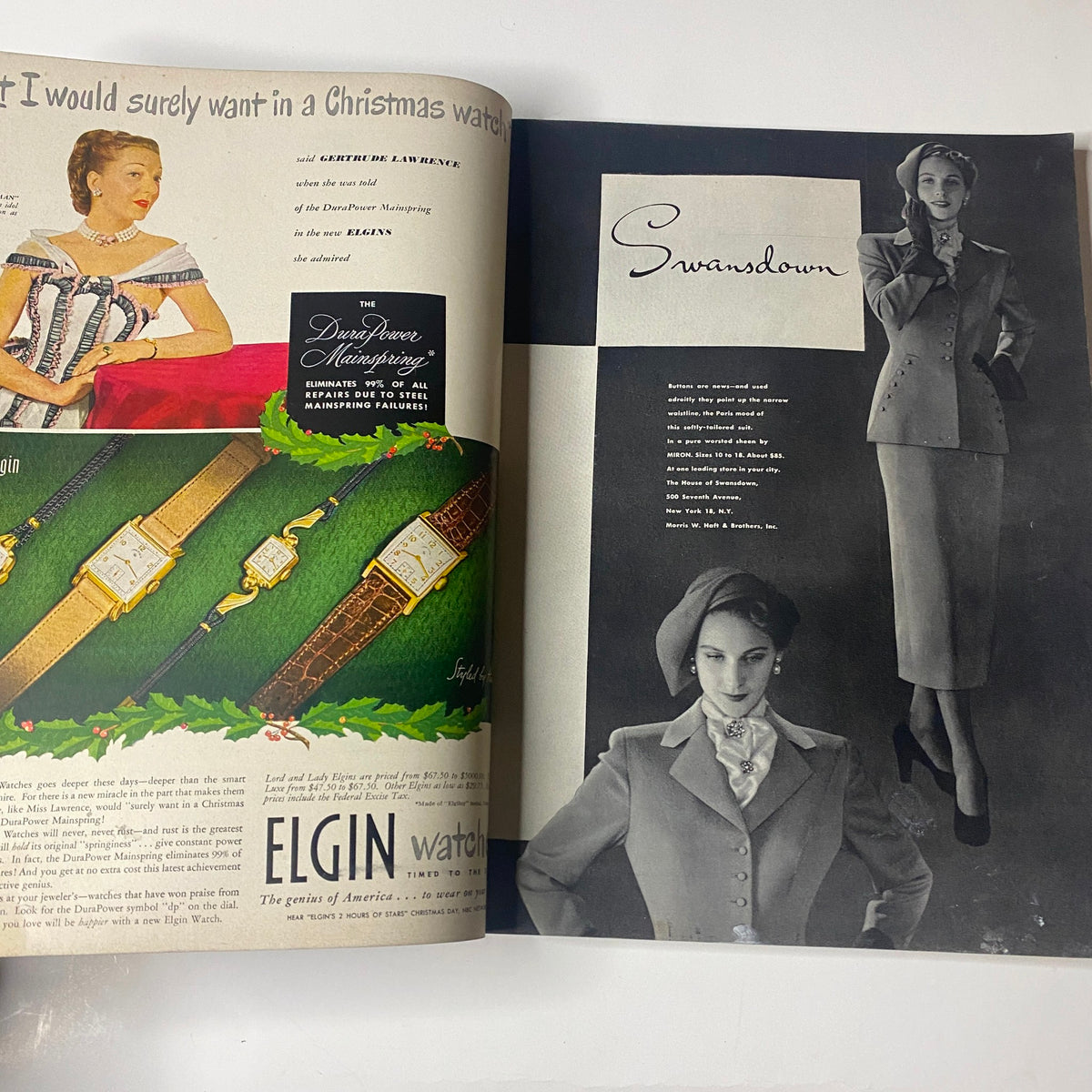 Vintage advertisement featuring Christmas watch options in Vogue Magazine December 1948 Christmas Issue, showcasing elegant styles and holiday gifts.