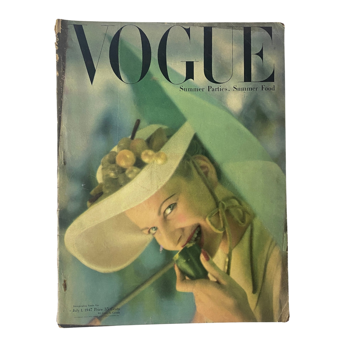 Cover of Vogue Magazine dated July 1, 1947 featuring model Joan Pedersen photographed by Richard Rutledge, depicting a summer theme with vibrant colors and a playful pose.