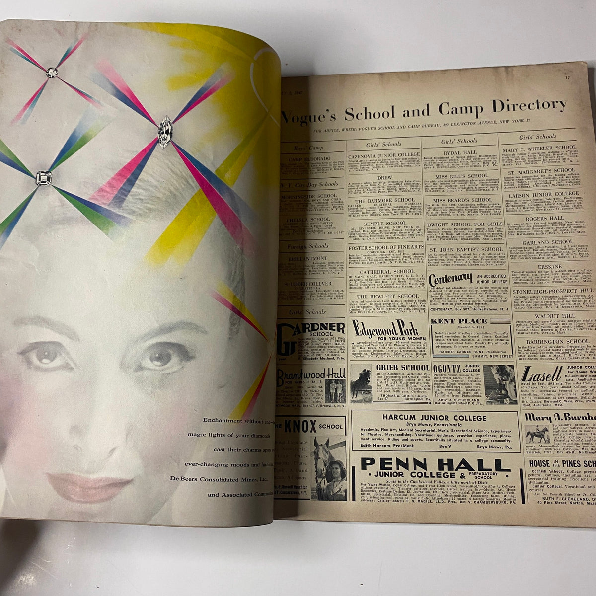 Fashion advertisement page from Vogue Magazine July 1, 1947, displaying a colorful illustration for Vogue's School and Camp Directory.