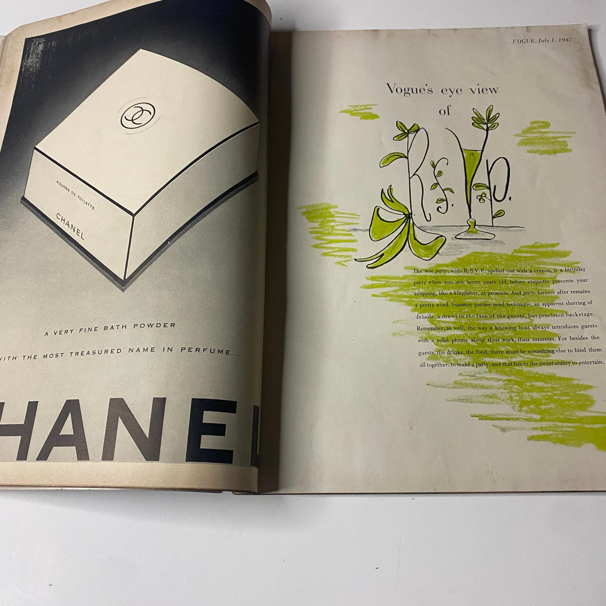 Advertisement page from Vogue Magazine July 1, 1947 featuring Chanel, reflecting the vintage brand's aesthetic and style.