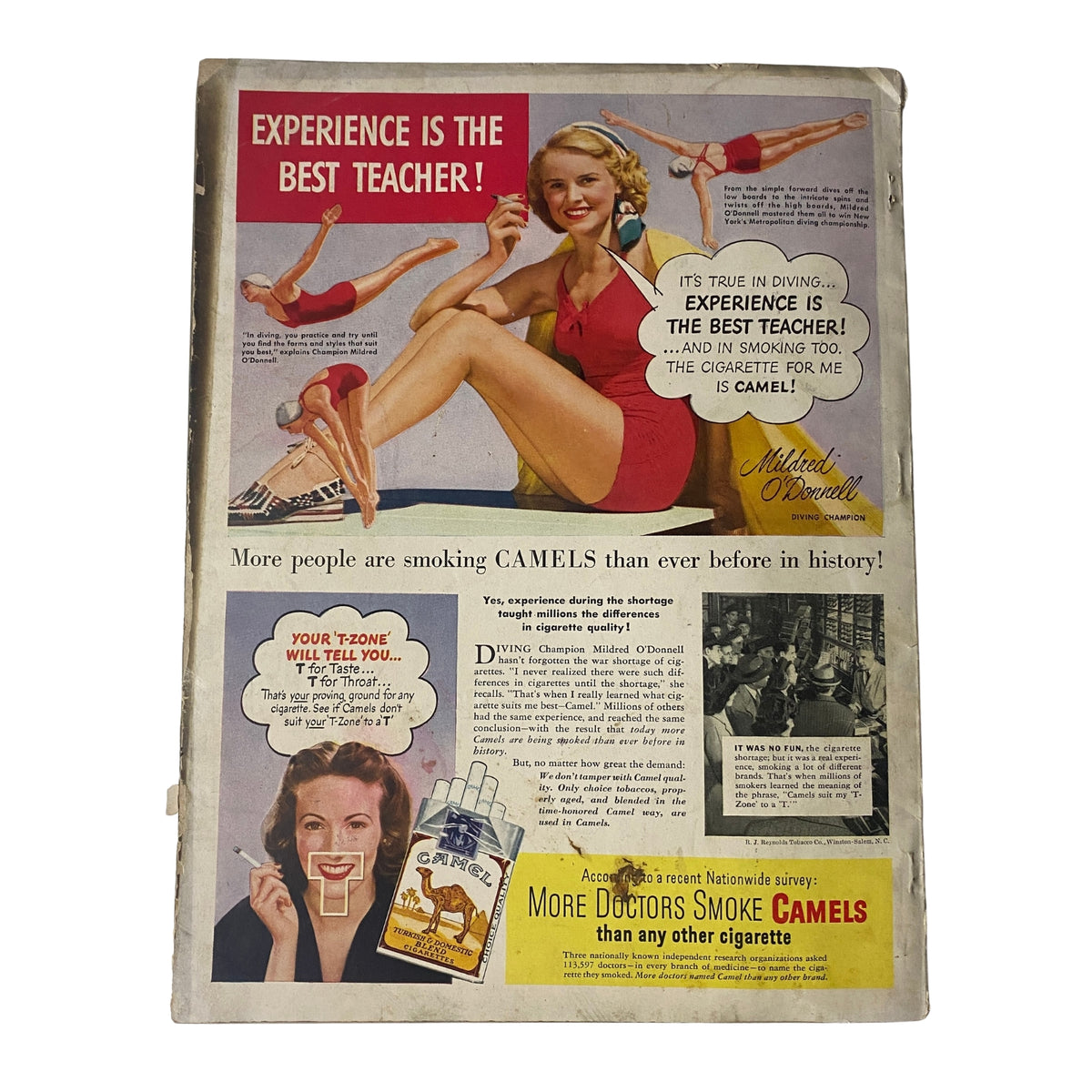 Back cover advertisement from Vogue Magazine July 1, 1947 titled 'Joan Pedersen Cover by Richard Rutledge', featuring a promotion for Camel cigarettes with a glamorous image of a woman in swimwear.