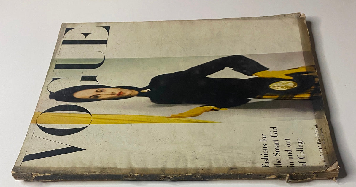 Cover of Vogue Magazine August 15, 1945 featuring a model wearing dramatic fashion by Erwin Blumenfeld, showcasing postwar style with a vintage aesthetic.
