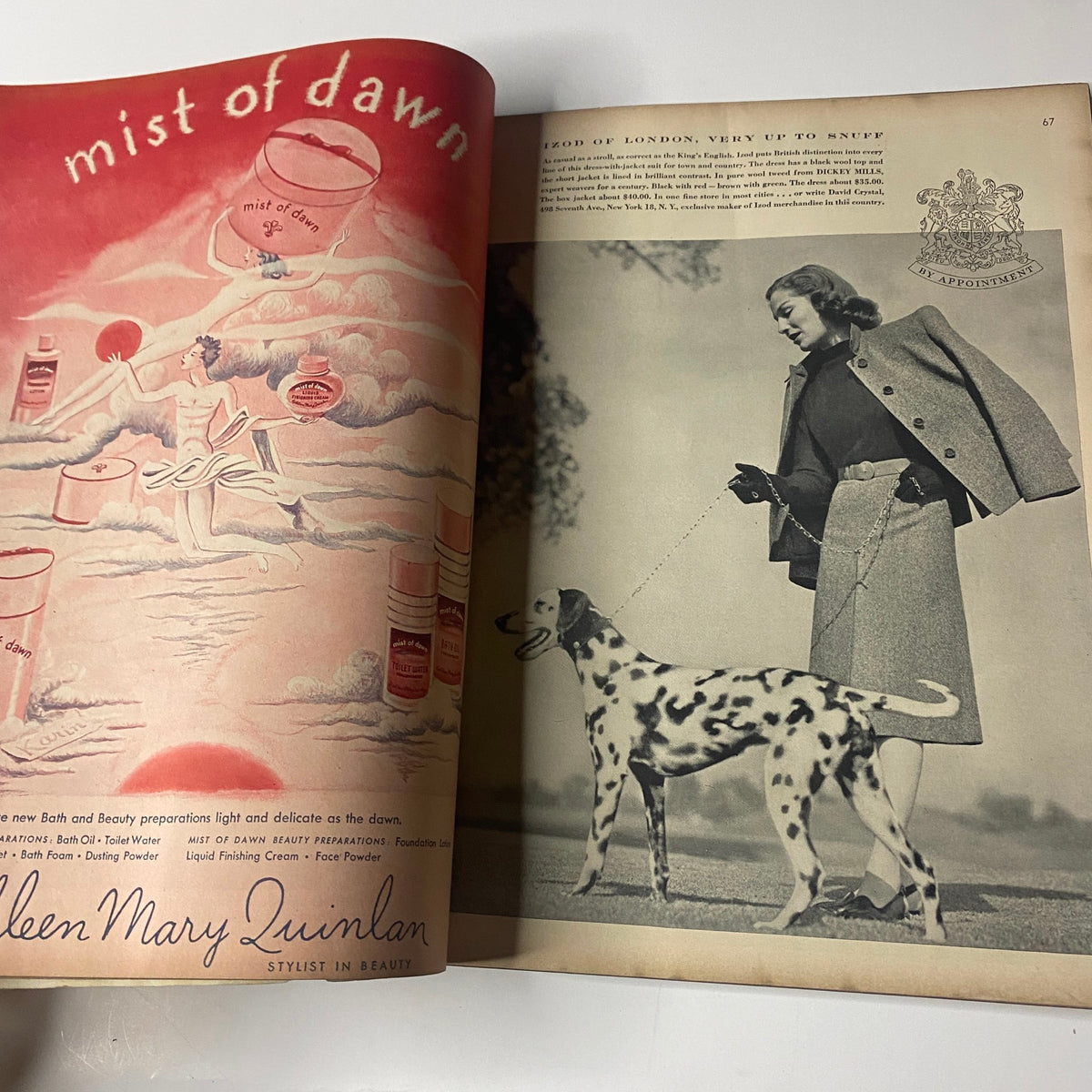 Interior page of Vogue Magazine August 15, 1945 displaying an advertisement with a model and a Dalmatian dog, reflecting the elegance and style of the era.