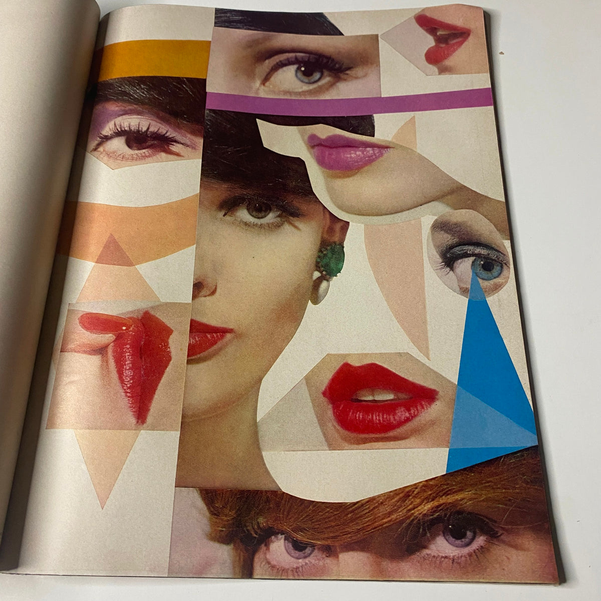 Colorful and artistic collage featured in Vogue Magazine August 15, 1961, displaying various beauty portraits with vibrant lips and striking eyes, reflecting the magazine's modern aesthetic.