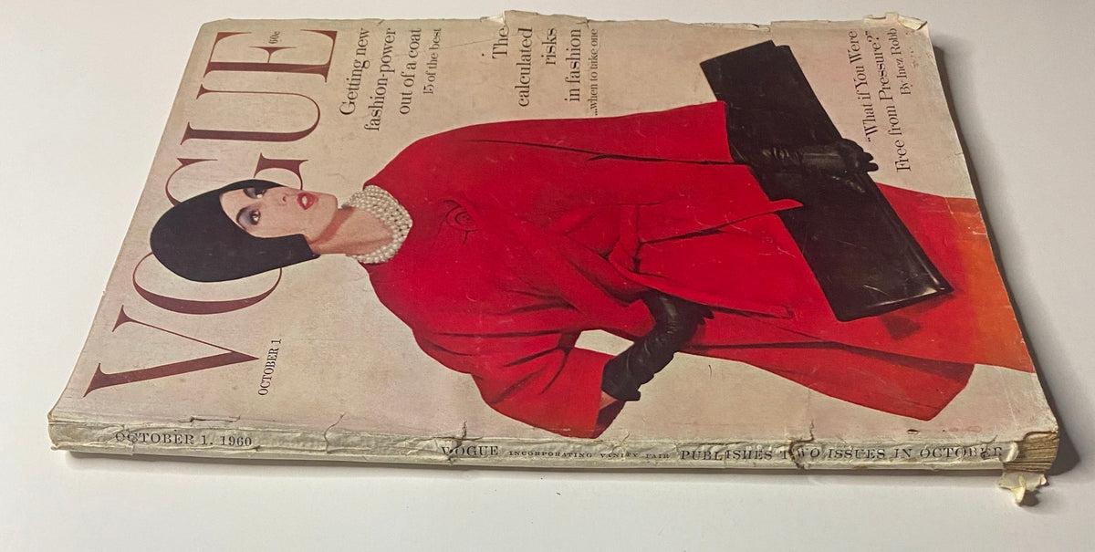 Another view of the October 1, 1960 cover of Vogue Magazine, featuring Dorothy McGowan in a red coat photographed by Irving Penn. This vintage magazine highlights fashion and elegance from the early 1960s.