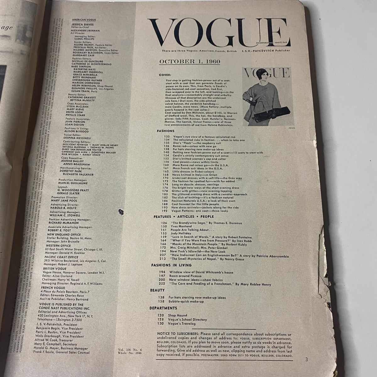 Inside page of Vogue Magazine October 1, 1960, displaying the table of contents and showcasing the magazine's diverse fashion articles and features.