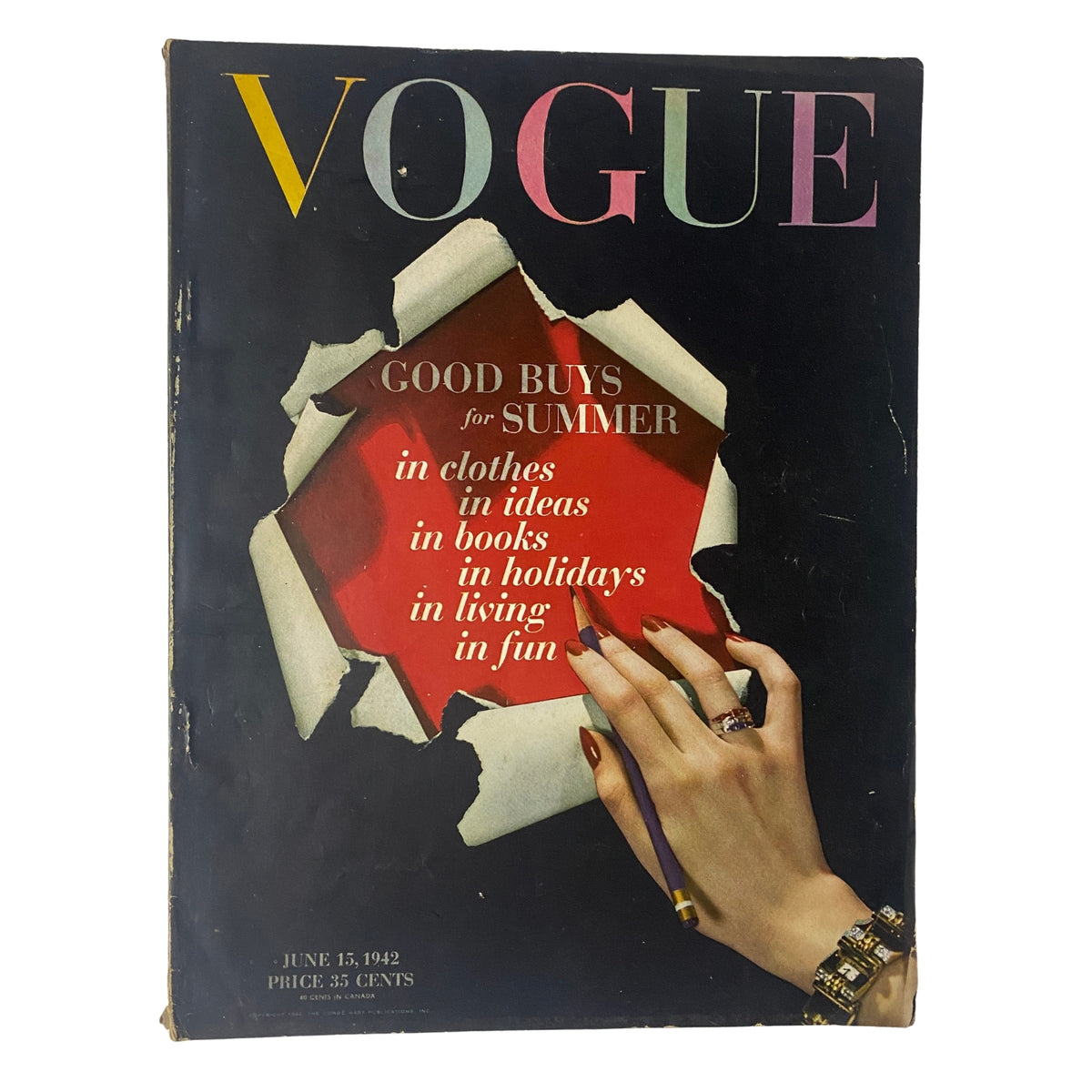 Cover of Vogue Magazine June 15, 1942 featuring the title 'Good Buys for Summer', showcasing elegant graphics with a hand holding a pencil and a striking red background.