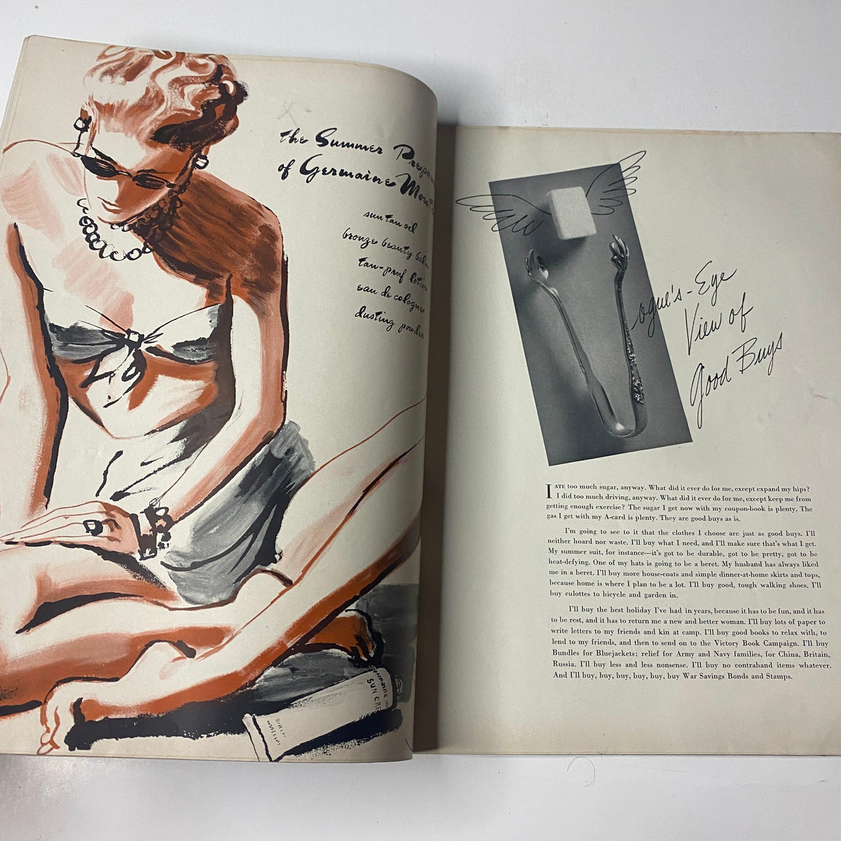 Vogue Magazine June 15, 1942 Good Buys for Summer by Horst P. Horst showcasing a fashionable beach illustration with a woman highlighted by accessories and a beauty product.