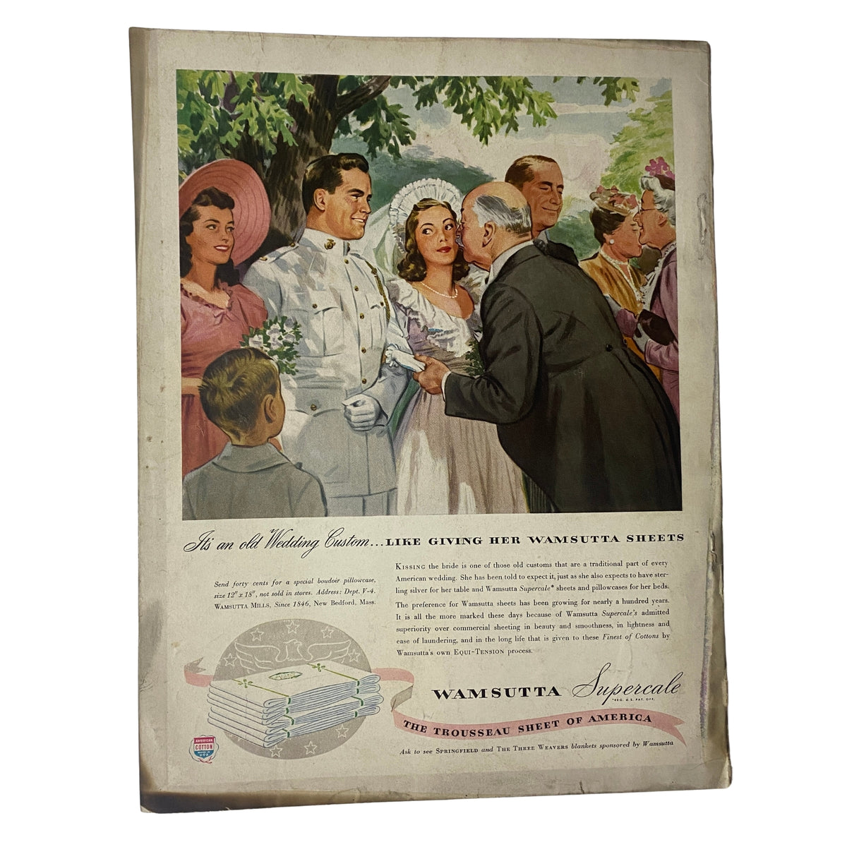 Advertisment page from Vogue Magazine June 15, 1942 Good Buys For Summer by Horst P. Horst featuring a wedding scene with a bride, groom, and guests, promoting Wamsutta sheets.