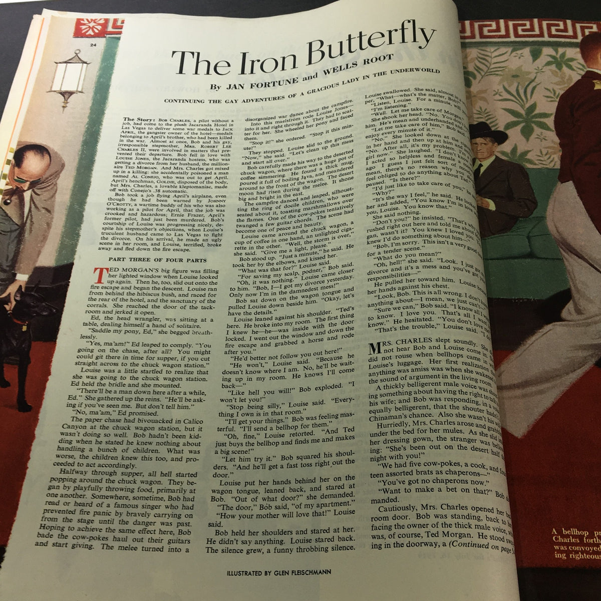 Page from VTG Collier's Magazine July 16, 1949, displaying an article titled "The Iron Butterfly" by Jan Fortune and Wells Root, with illustrations reflecting the stories and cultural themes of the time.