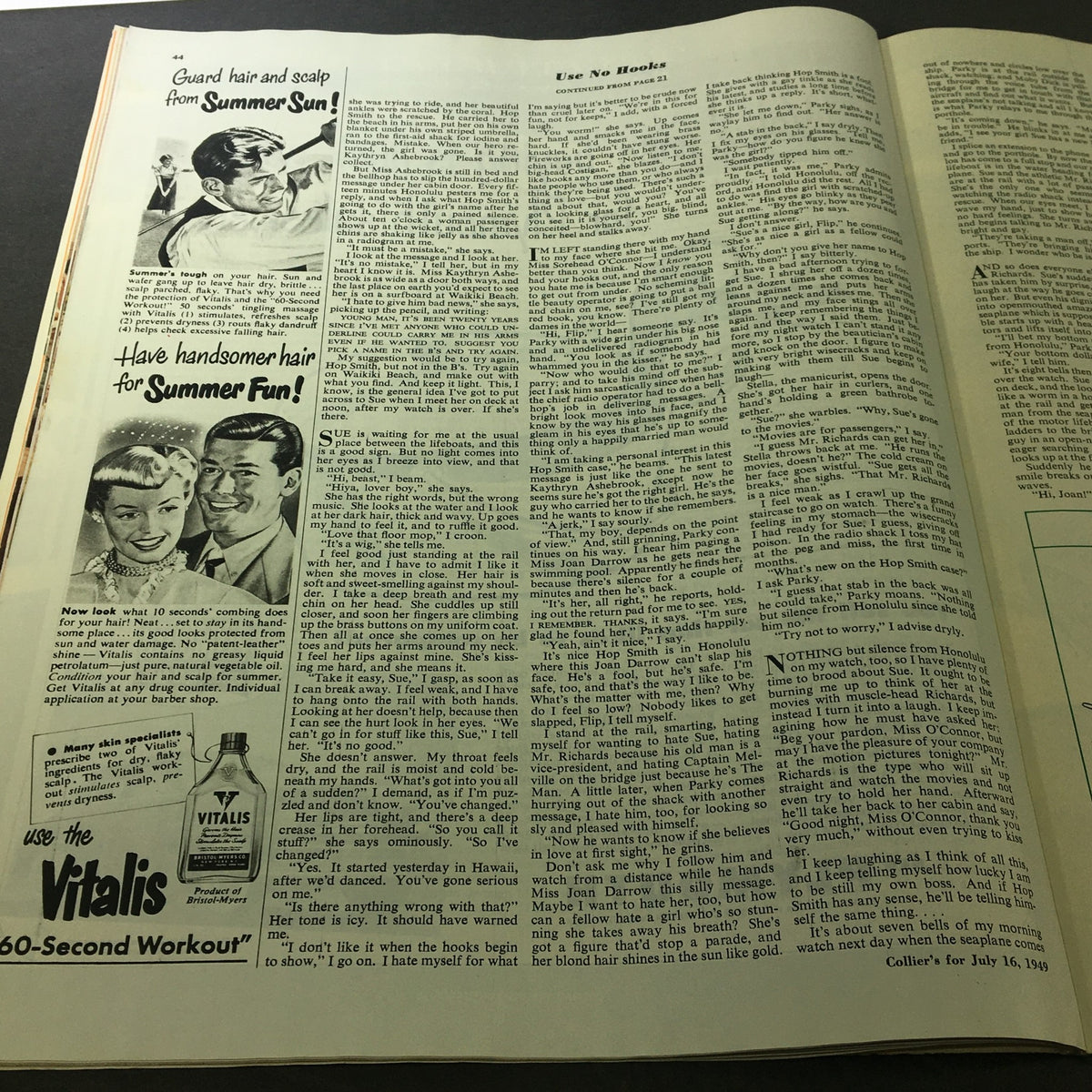 Page from VTG Collier's Magazine July 16, 1949, featuring advertisements and articles including "Use No Hooks," reflecting the advertising style and consumer culture of the post-war period.