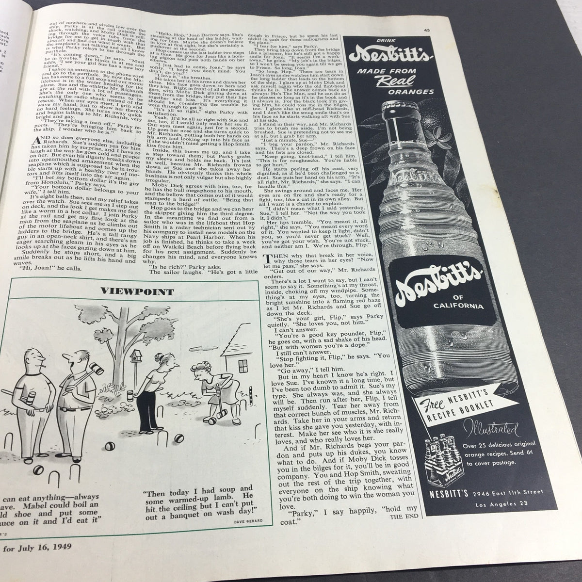 Interior page of VTG Collier's Magazine July 16, 1949, featuring a dialogue scene and an advertisement for a soft drink, showcasing mid-20th century art and storytelling.